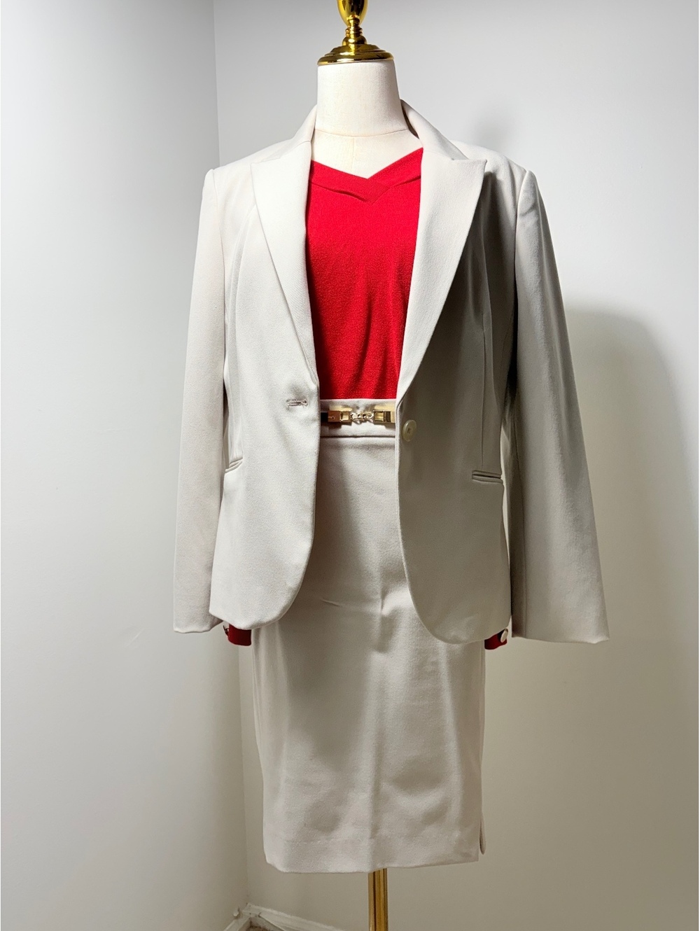 Express Ivory Blazer and Skirt Suit with Red Shell